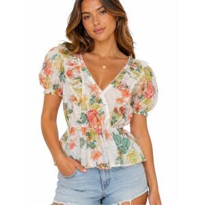 LOVE COLETTE Cottagecore Floral Ruffle Peplum Blouse Puff Sleeve Medium